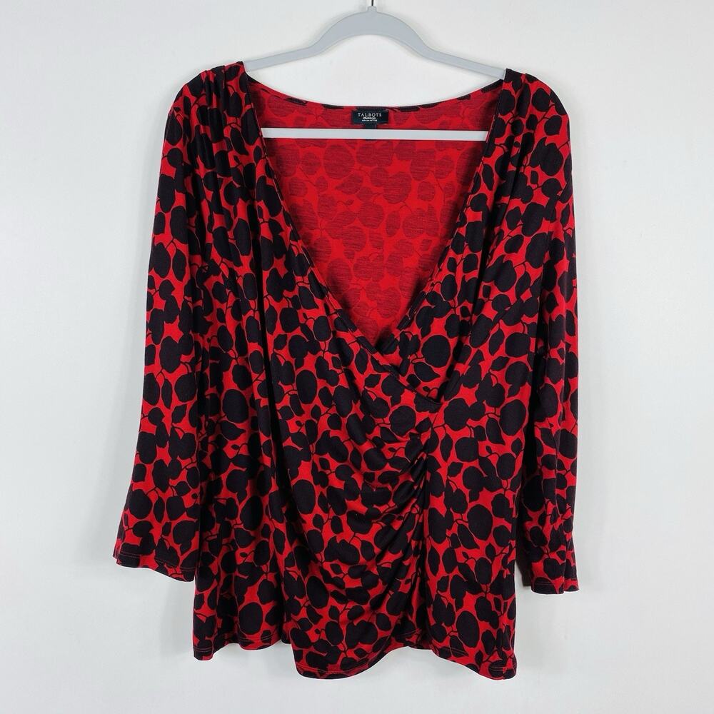 Talbots Top 2X Petite Faux Wrap 3/4 Sleeve Red Black Floral Vine Blouse
